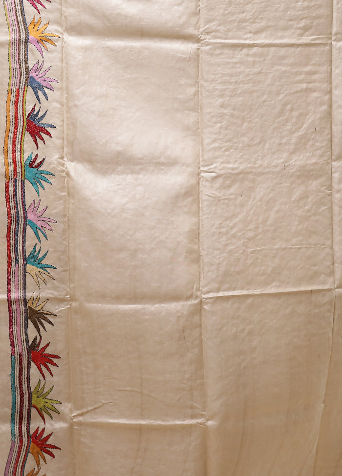 Cream Handloom Kantha Stitch Pure Silk Saree With Blouse Piece