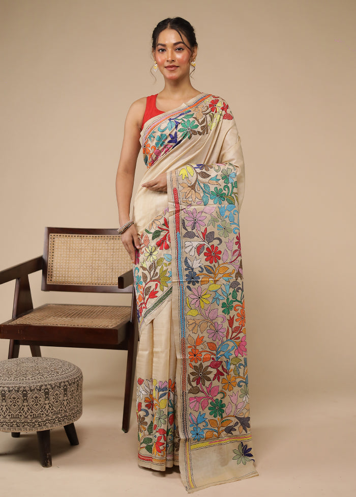 Cream Handloom Kantha Stitch Pure Silk Saree With Blouse Piece