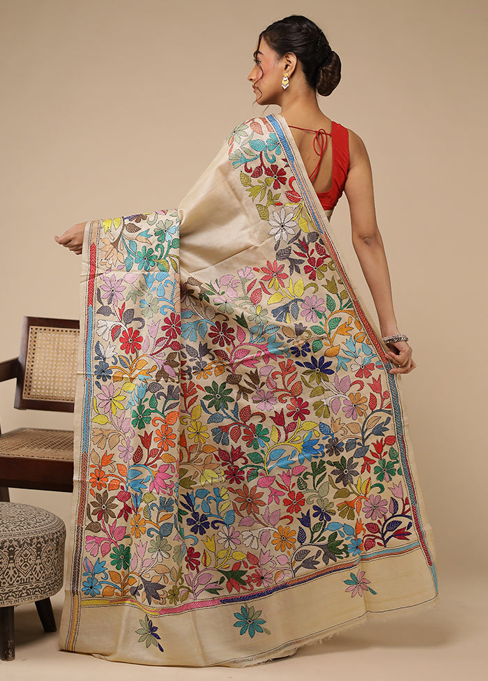Cream Handloom Kantha Stitch Pure Silk Saree With Blouse Piece
