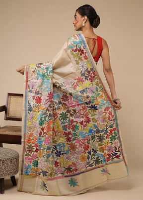 Cream Handloom Kantha Stitch Pure Silk Saree With Blouse Piece