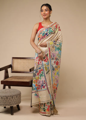 Cream Handloom Kantha Stitch Pure Silk Saree With Blouse Piece