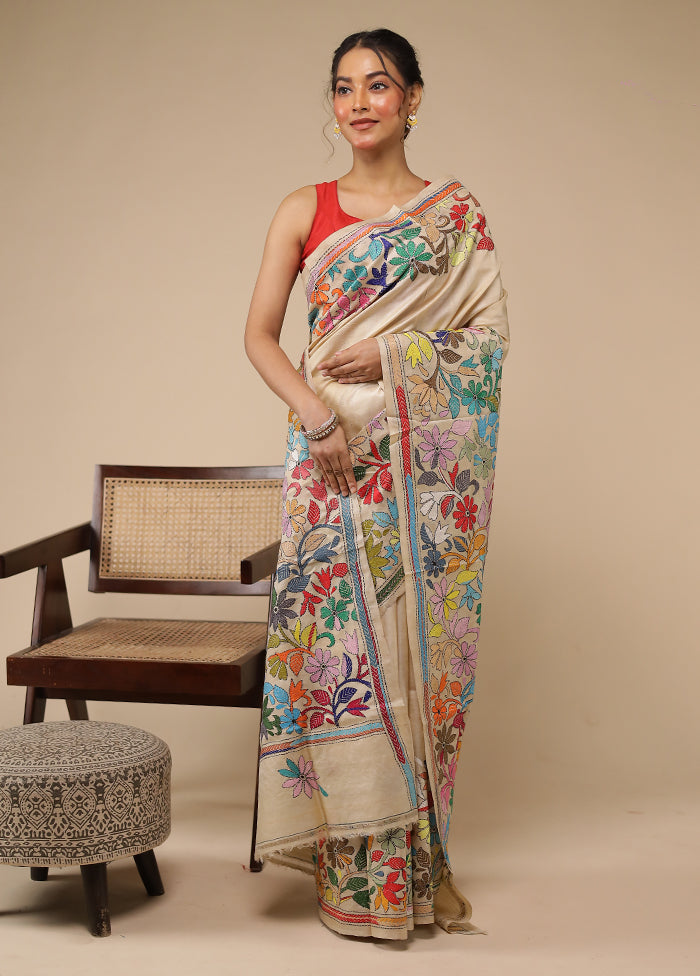 Cream Handloom Kantha Stitch Pure Silk Saree With Blouse Piece