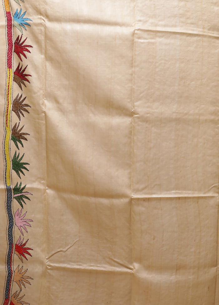 Cream Handloom Kantha Stitch Pure Silk Saree With Blouse Piece