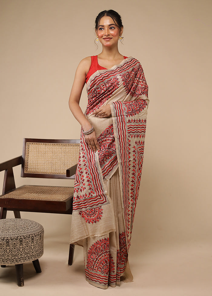 Cream Handloom Kantha Stitch Pure Silk Saree With Blouse Piece