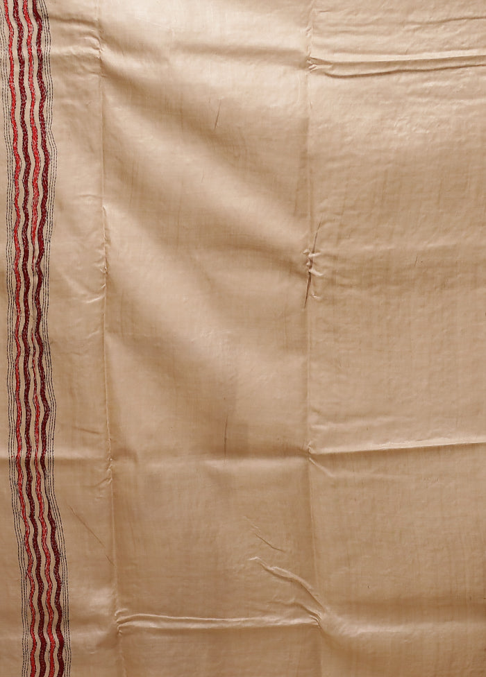 Cream Handloom Kantha Stitch Pure Silk Saree With Blouse Piece