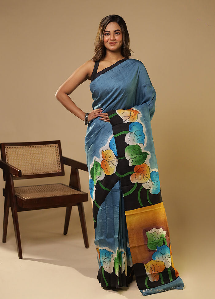Blue Printed Pure Silk Saree Without Blouse Piece