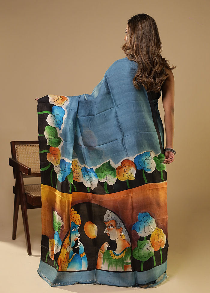 Blue Printed Pure Silk Saree Without Blouse Piece