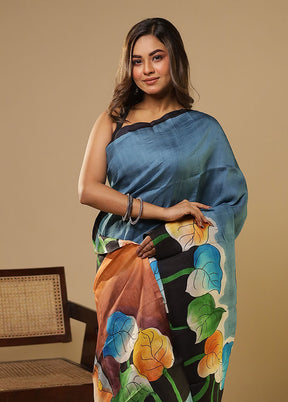 Blue Printed Pure Silk Saree Without Blouse Piece