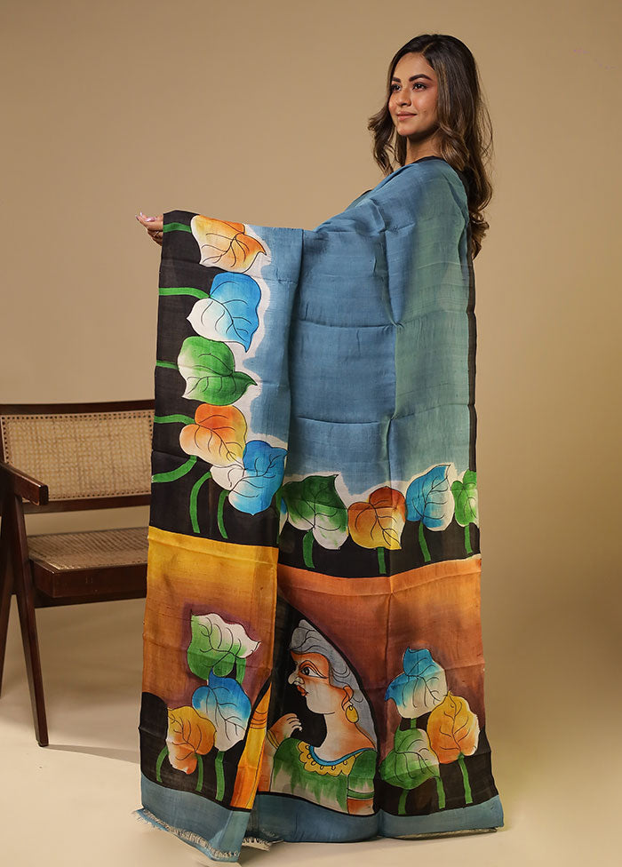 Blue Printed Pure Silk Saree Without Blouse Piece