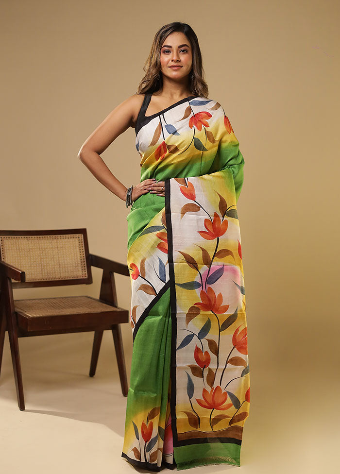 Green Printed Pure Silk Saree Without Blouse Piece