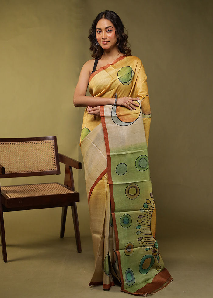 Multicolor Handloom Tussar Pure Silk Saree With Blouse Piece