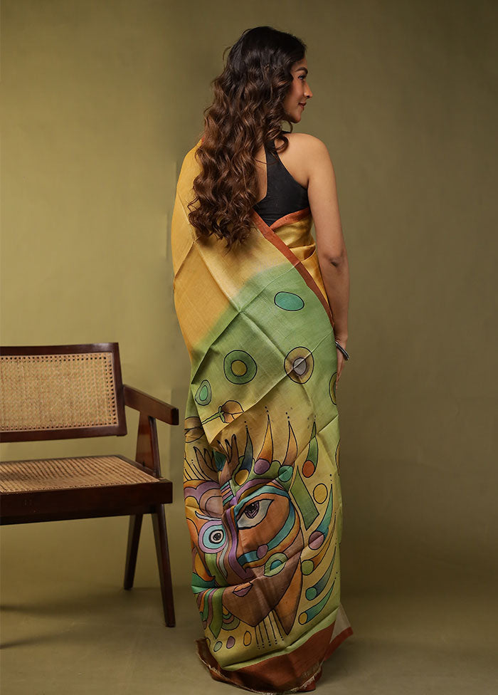 Multicolor Handloom Tussar Pure Silk Saree With Blouse Piece