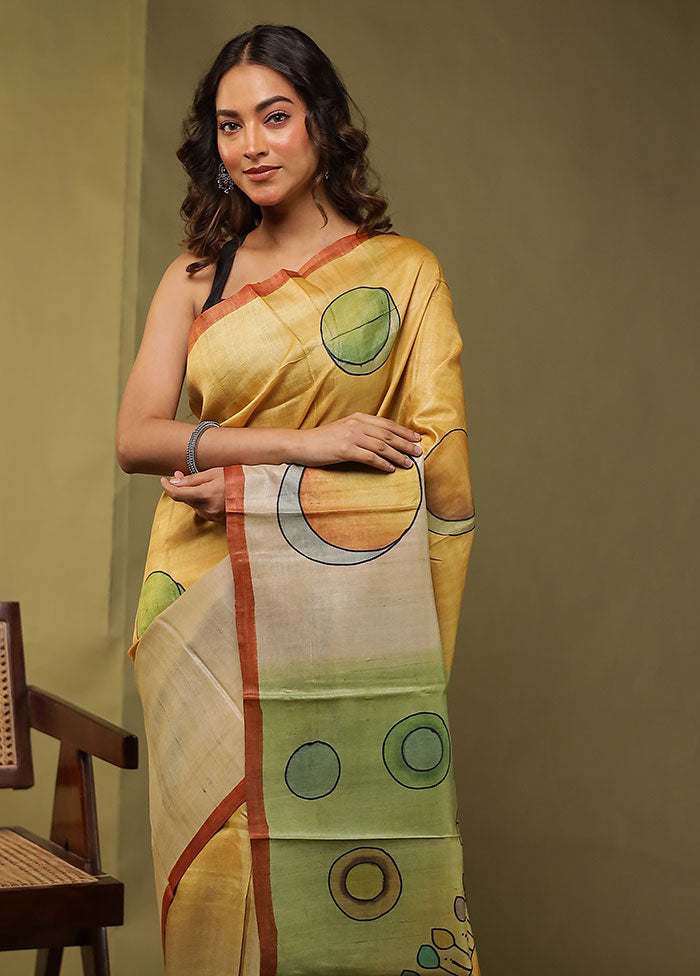 Multicolor Handloom Tussar Pure Silk Saree With Blouse Piece