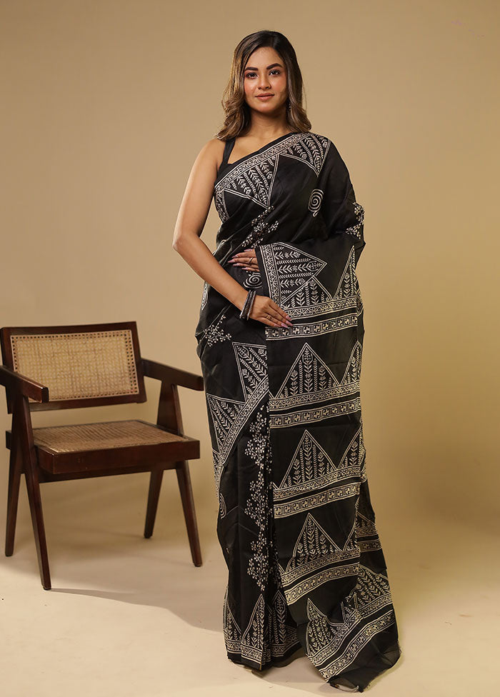 Black Printed Pure Silk Saree Without Blouse Piece