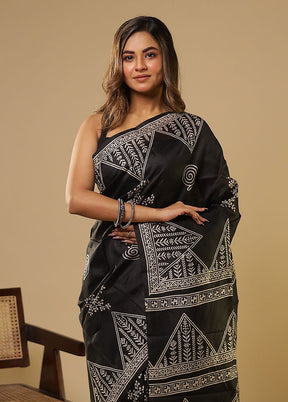 Black Printed Pure Silk Saree Without Blouse Piece