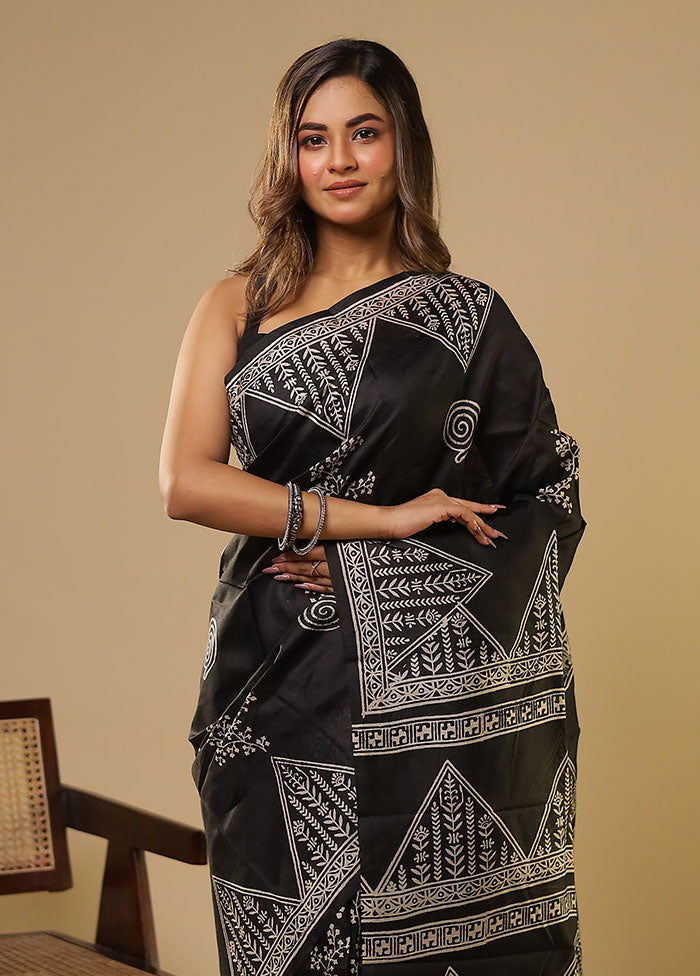 Black Printed Pure Silk Saree Without Blouse Piece