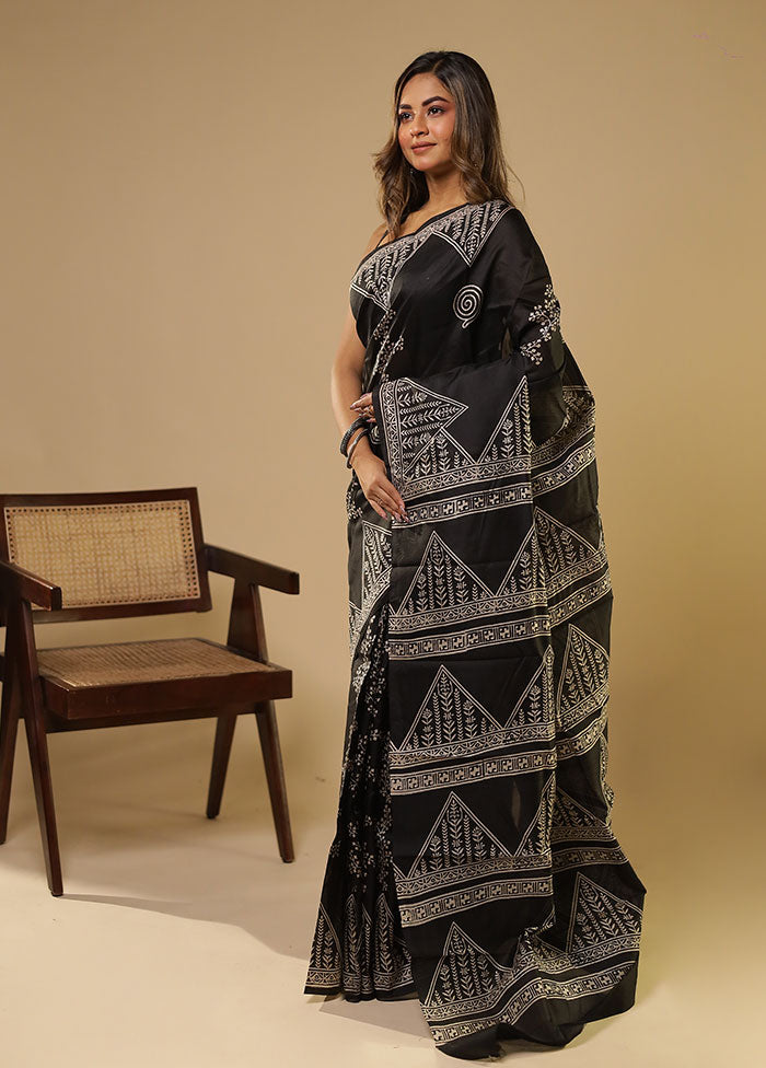 Black Printed Pure Silk Saree Without Blouse Piece