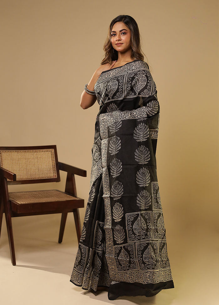 Black Printed Pure Silk Saree Without Blouse Piece