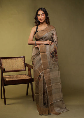 Grey Handloom Tussar Pure Silk Saree With Blouse Piece