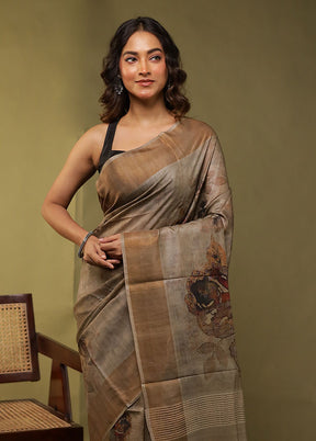 Grey Handloom Tussar Pure Silk Saree With Blouse Piece