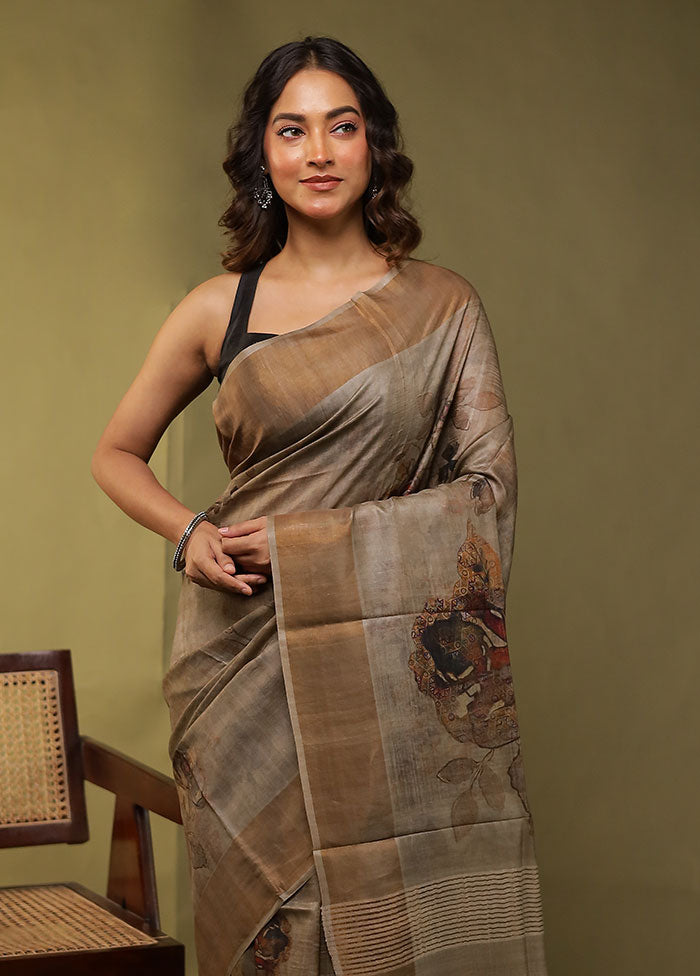 Grey Handloom Tussar Pure Silk Saree With Blouse Piece