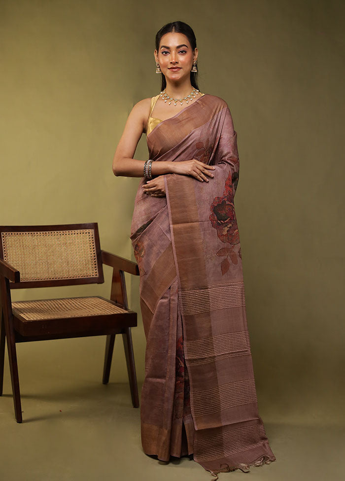 Purple Handloom Tussar Pure Silk Saree With Blouse Piece