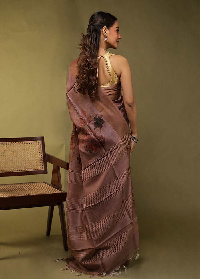 Purple Handloom Tussar Pure Silk Saree With Blouse Piece