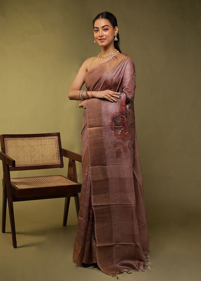 Purple Handloom Tussar Pure Silk Saree With Blouse Piece