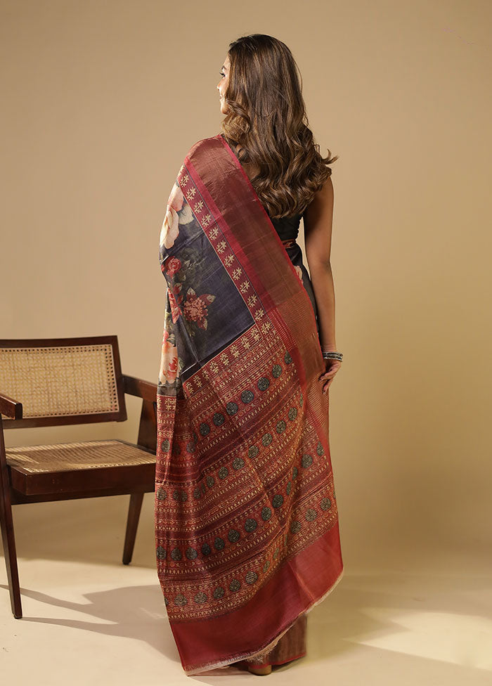 Black Handloom Tussar Pure Silk Saree With Blouse Piece