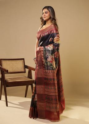 Black Handloom Tussar Pure Silk Saree With Blouse Piece