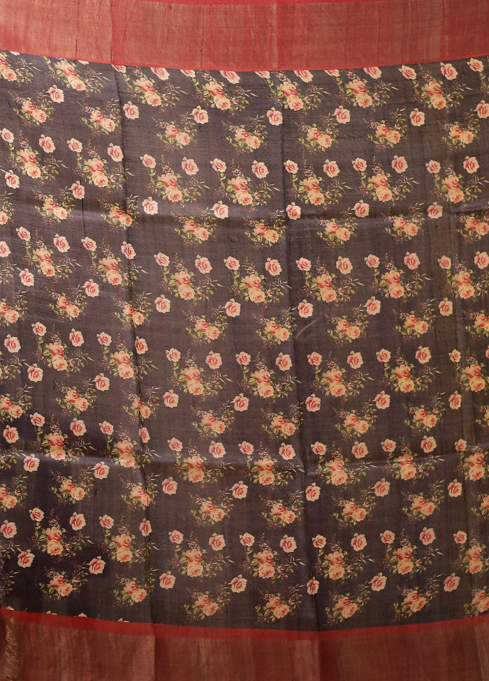Black Handloom Tussar Pure Silk Saree With Blouse Piece