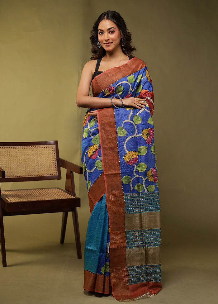 Multicolor Handloom Tussar Pure Silk Saree With Blouse Piece