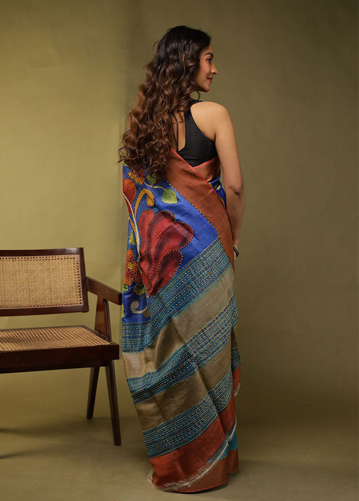 Multicolor Handloom Tussar Pure Silk Saree With Blouse Piece