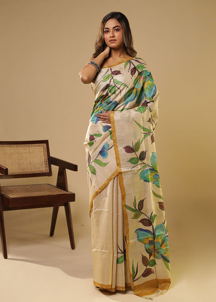 Multicolor Handloom Tussar Pure Silk Saree With Blouse Piece