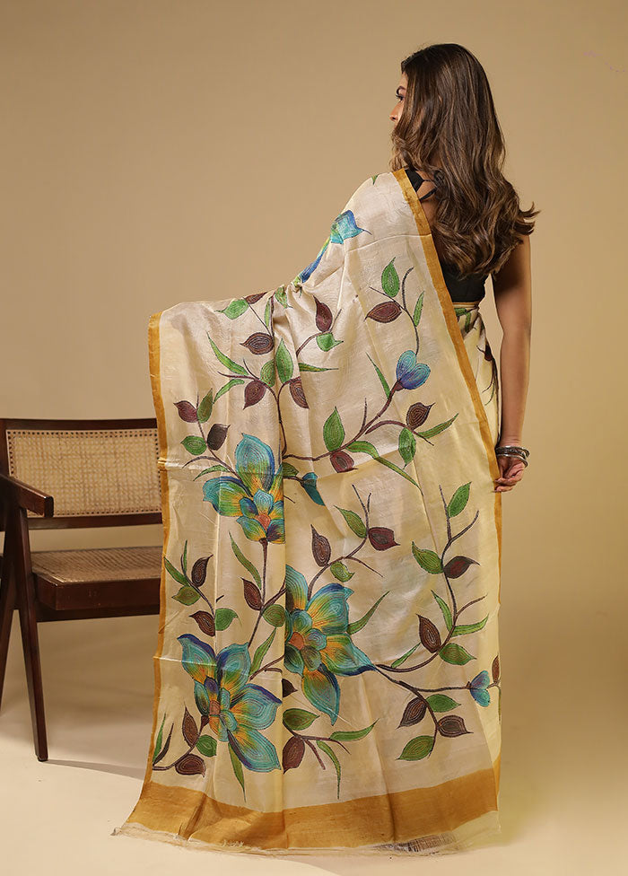 Multicolor Handloom Tussar Pure Silk Saree With Blouse Piece