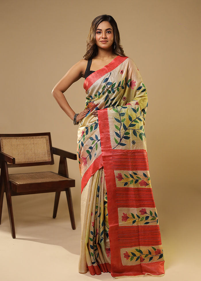 Multicolor Handloom Tussar Pure Silk Saree With Blouse Piece