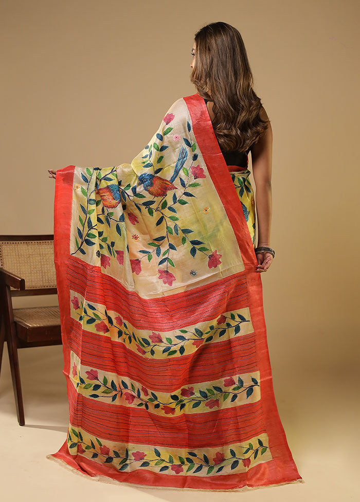 Multicolor Handloom Tussar Pure Silk Saree With Blouse Piece