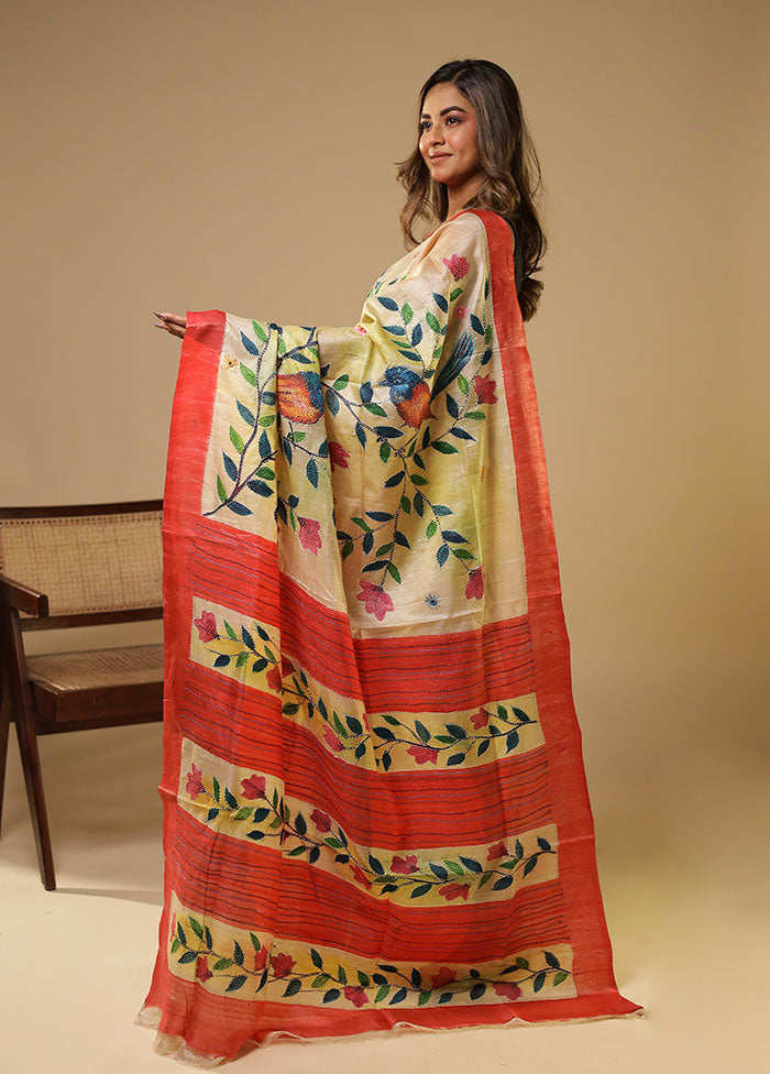 Multicolor Handloom Tussar Pure Silk Saree With Blouse Piece