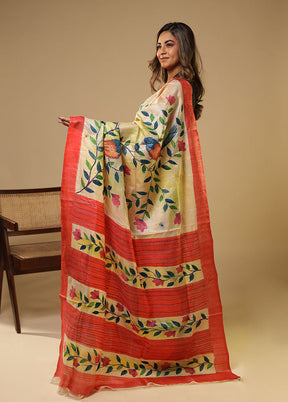 Multicolor Handloom Tussar Pure Silk Saree With Blouse Piece