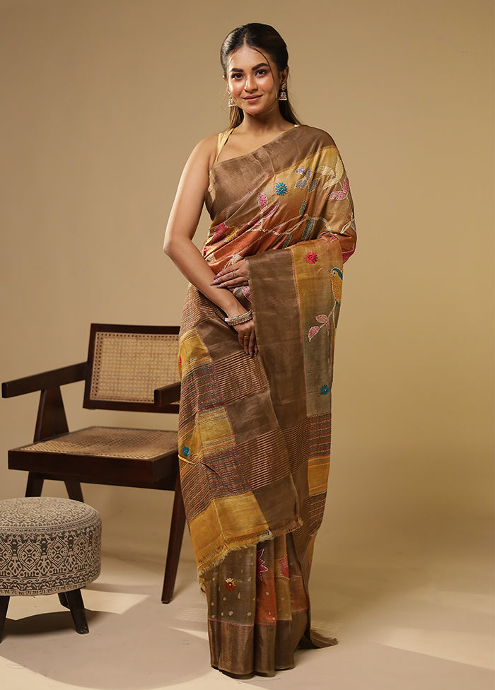 Multicolor Handloom Tussar Pure Silk Saree With Blouse Piece