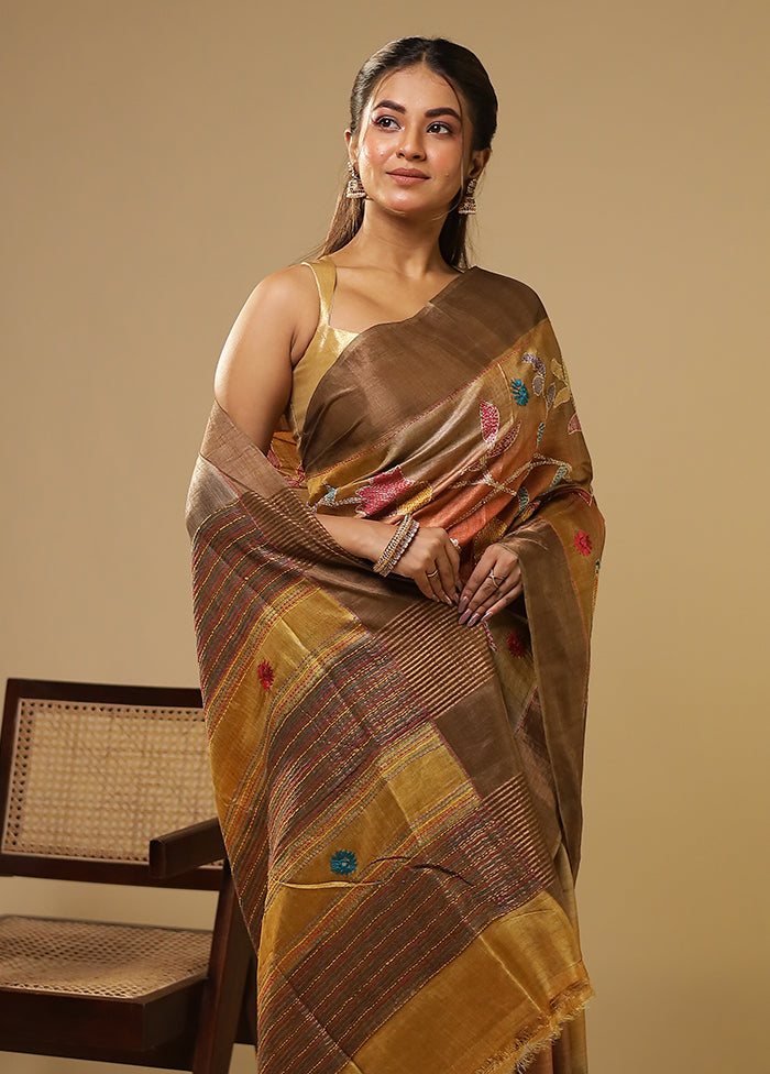 Multicolor Handloom Tussar Pure Silk Saree With Blouse Piece