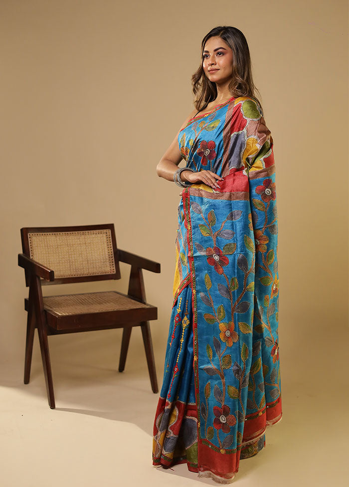 Multicolor Handloom Tussar Pure Silk Saree With Blouse Piece
