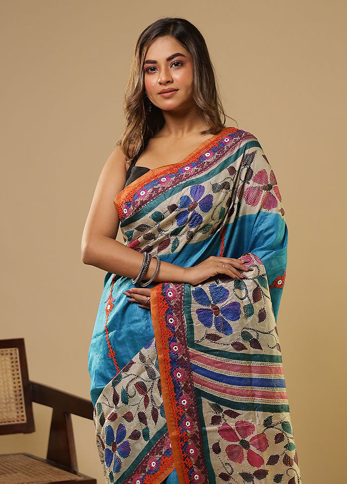 Multicolor Handloom Tussar Pure Silk Saree With Blouse Piece