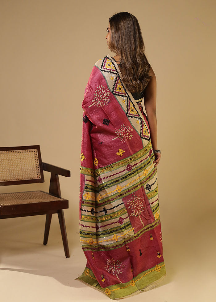 Multicolor Handloom Tussar Pure Silk Saree With Blouse Piece