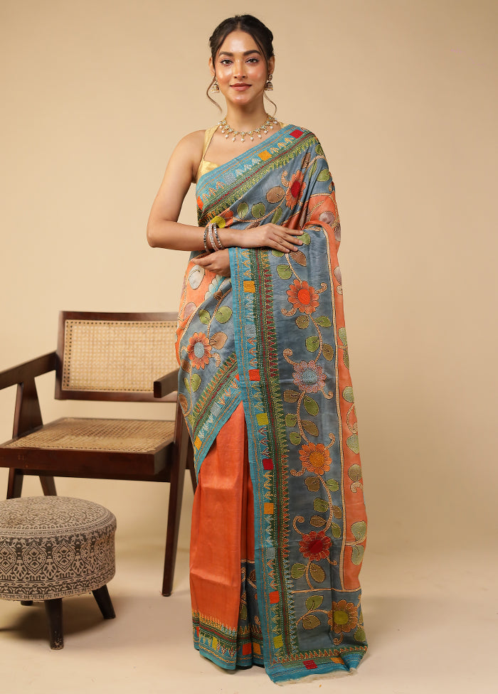 Multicolor Handloom Tussar Pure Silk Saree With Blouse Piece