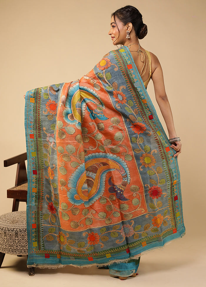 Multicolor Handloom Tussar Pure Silk Saree With Blouse Piece