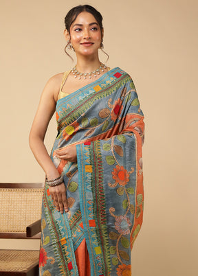 Multicolor Handloom Tussar Pure Silk Saree With Blouse Piece