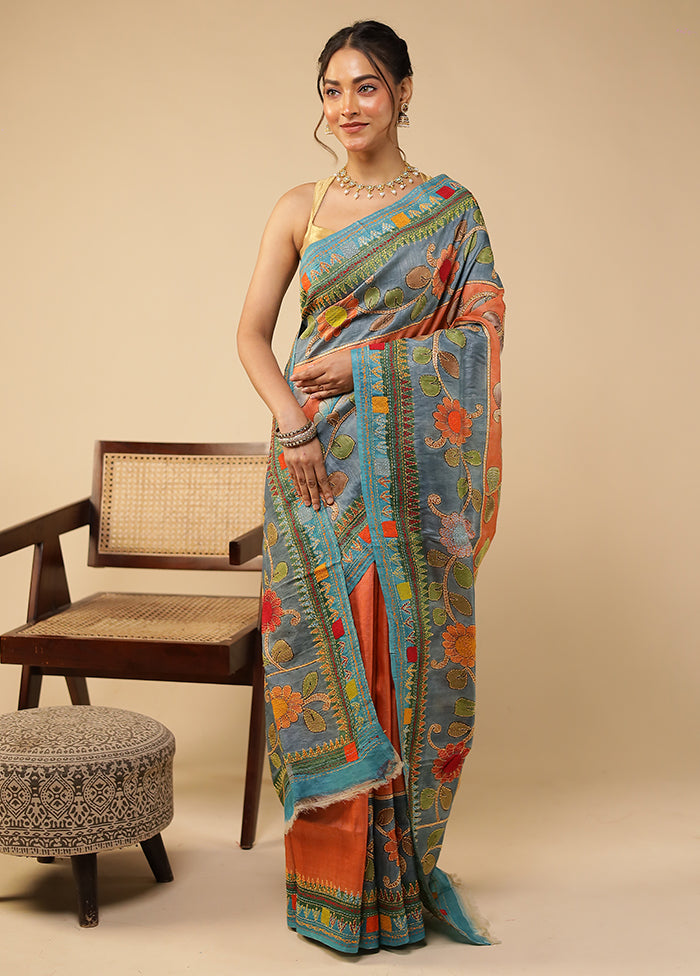 Multicolor Handloom Tussar Pure Silk Saree With Blouse Piece