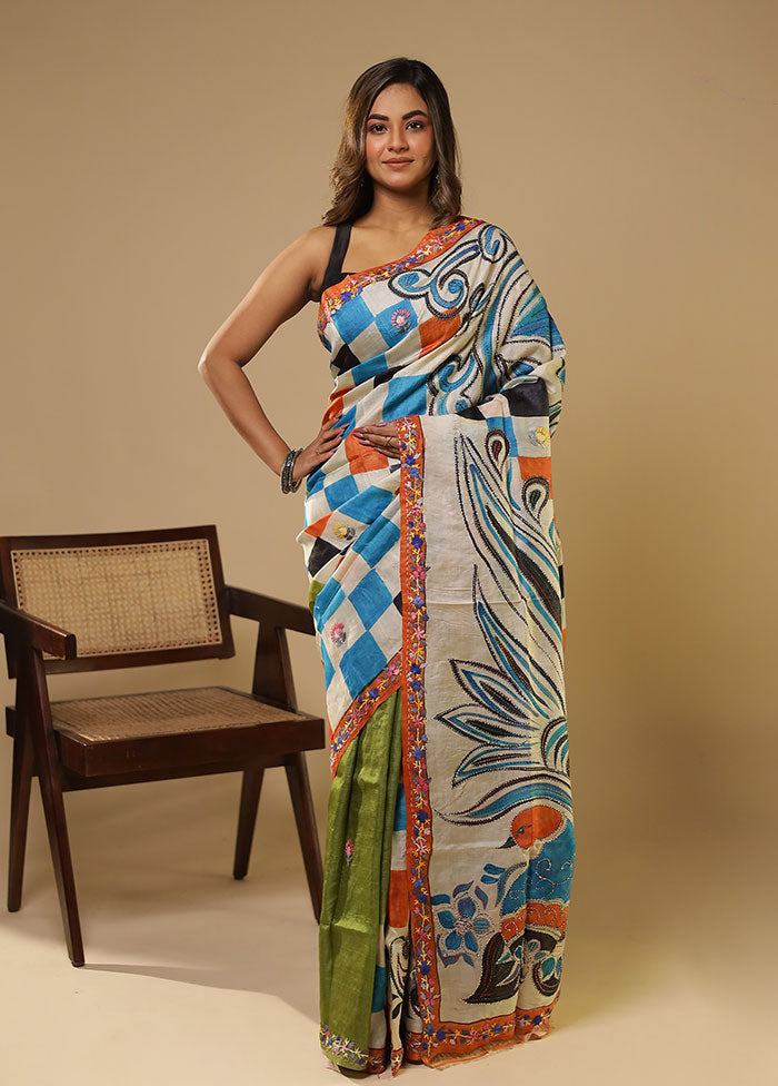 Multicolor Handloom Tussar Pure Silk Saree With Blouse Piece