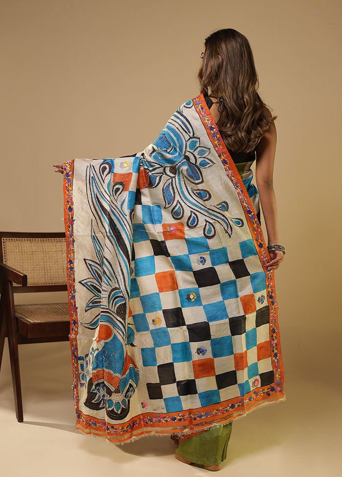 Multicolor Handloom Tussar Pure Silk Saree With Blouse Piece
